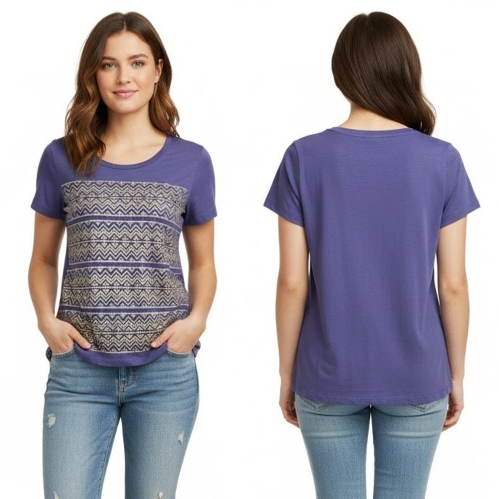 J.Crew T-shirt S Purple Gold Sequin Front Scoop Neck Pullover‎ Geometric Indie